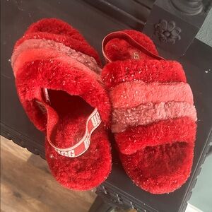 UGG Kids Red Fluffy Slippers